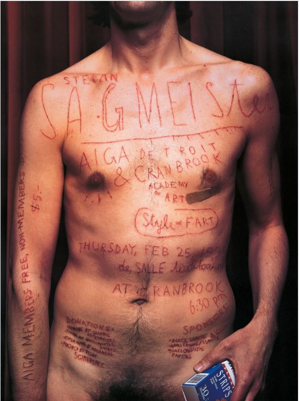 Sagmeister's poster for the AIGA awards showing himself with words carved into his skin.