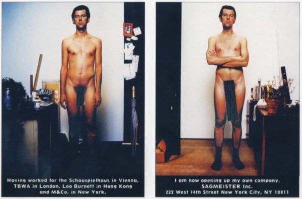 Announcement poster for Sagmeister Inc. which shows  Sagmeister standing nude with a black rectangle covering his genitals.
